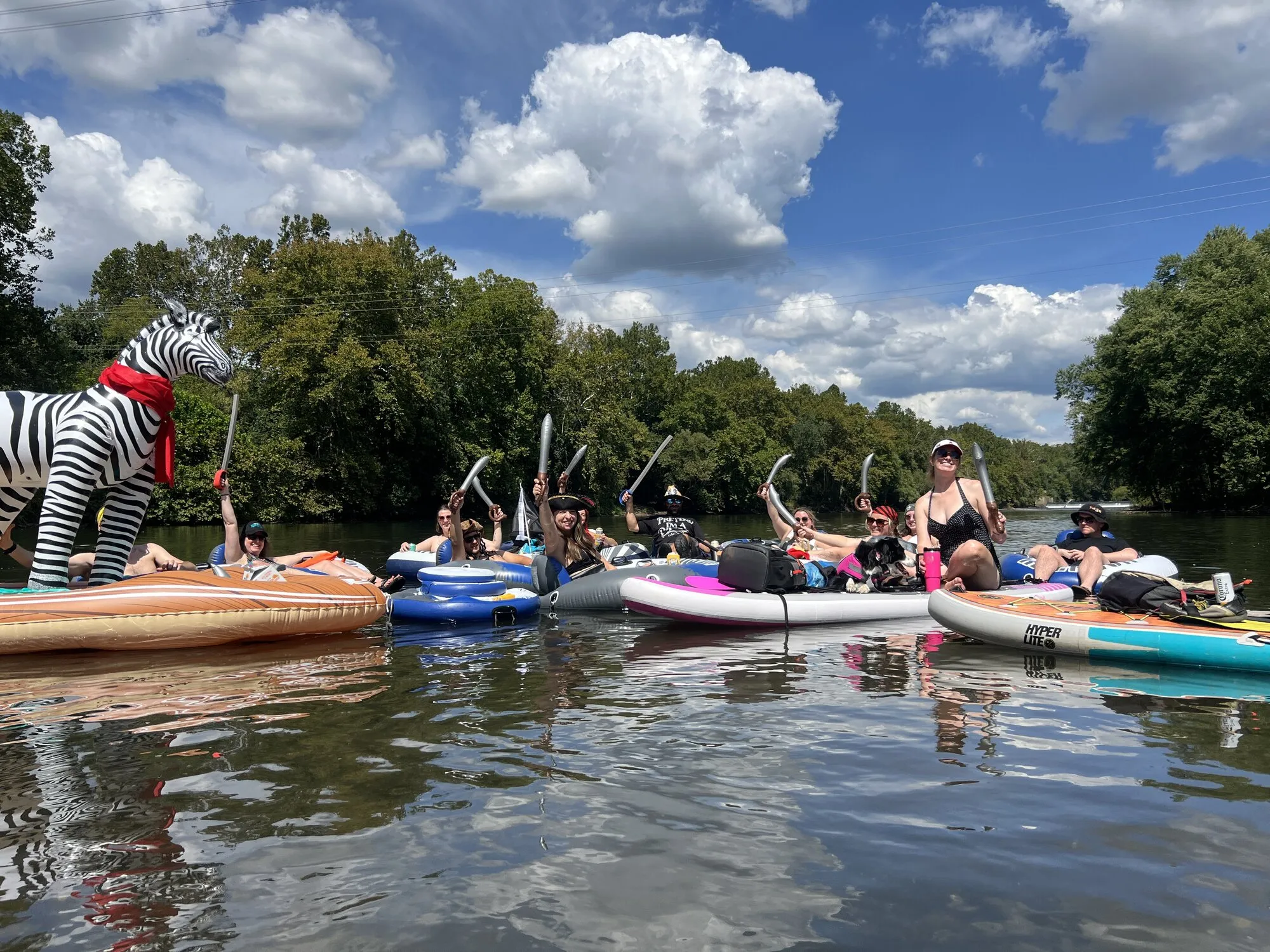 Large group with zebra, paddles raised